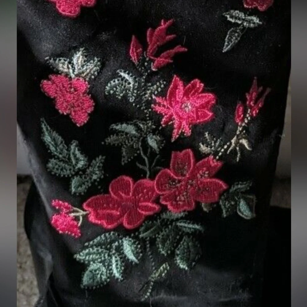 Libby Edelman Thigh High Boots Black w/ Red Floral Embroidery Design Size 8.5